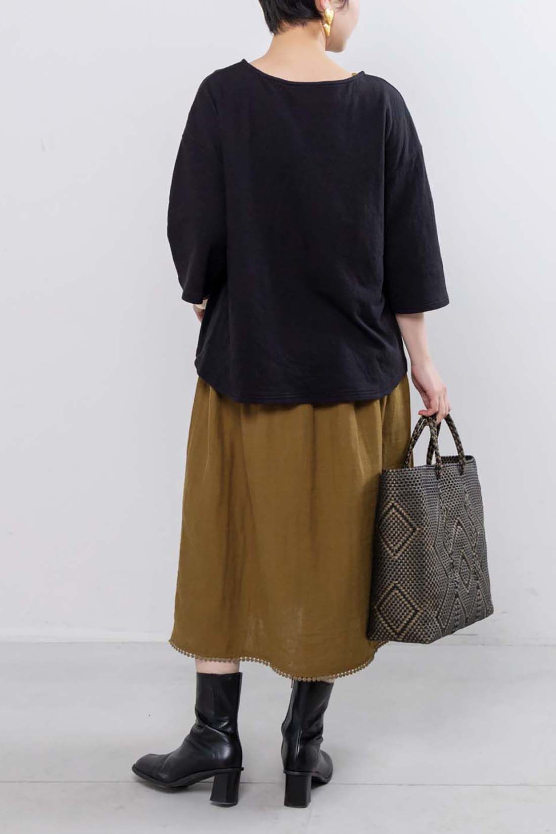 Real Stock|mensha!　カットソー＆ダブルガーゼ カップ付きノースリーブワンピース〈マスタード〉|スタッフ身長：157cm　着用サイズ：M