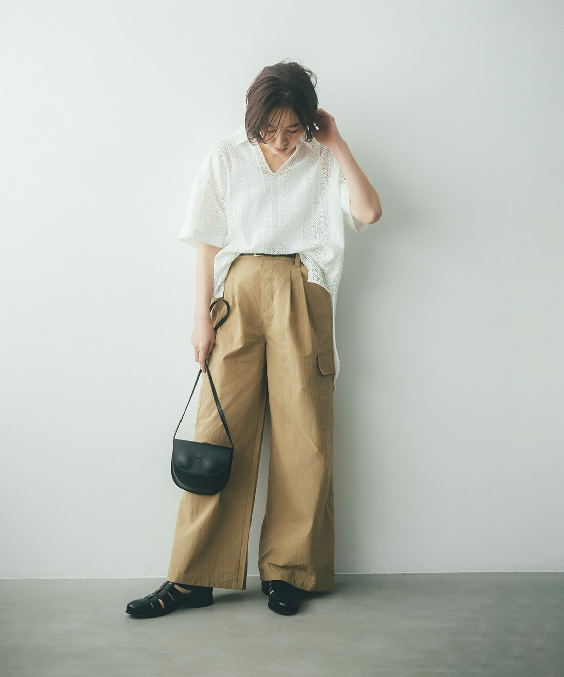 IEDIT | 撥水加工がうれしいコットン混ワークデザインワイドパンツ〈ベージュ〉