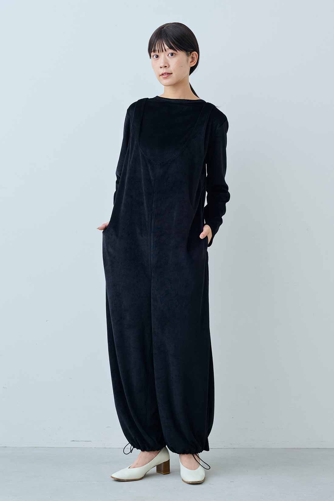 IEDIT［イディット］|IEDIT[イディット]　きくちあつこさんコラボ ベロアロンパースセット〈ブラック〉|モデル身長：163cm　着用サイズ：M