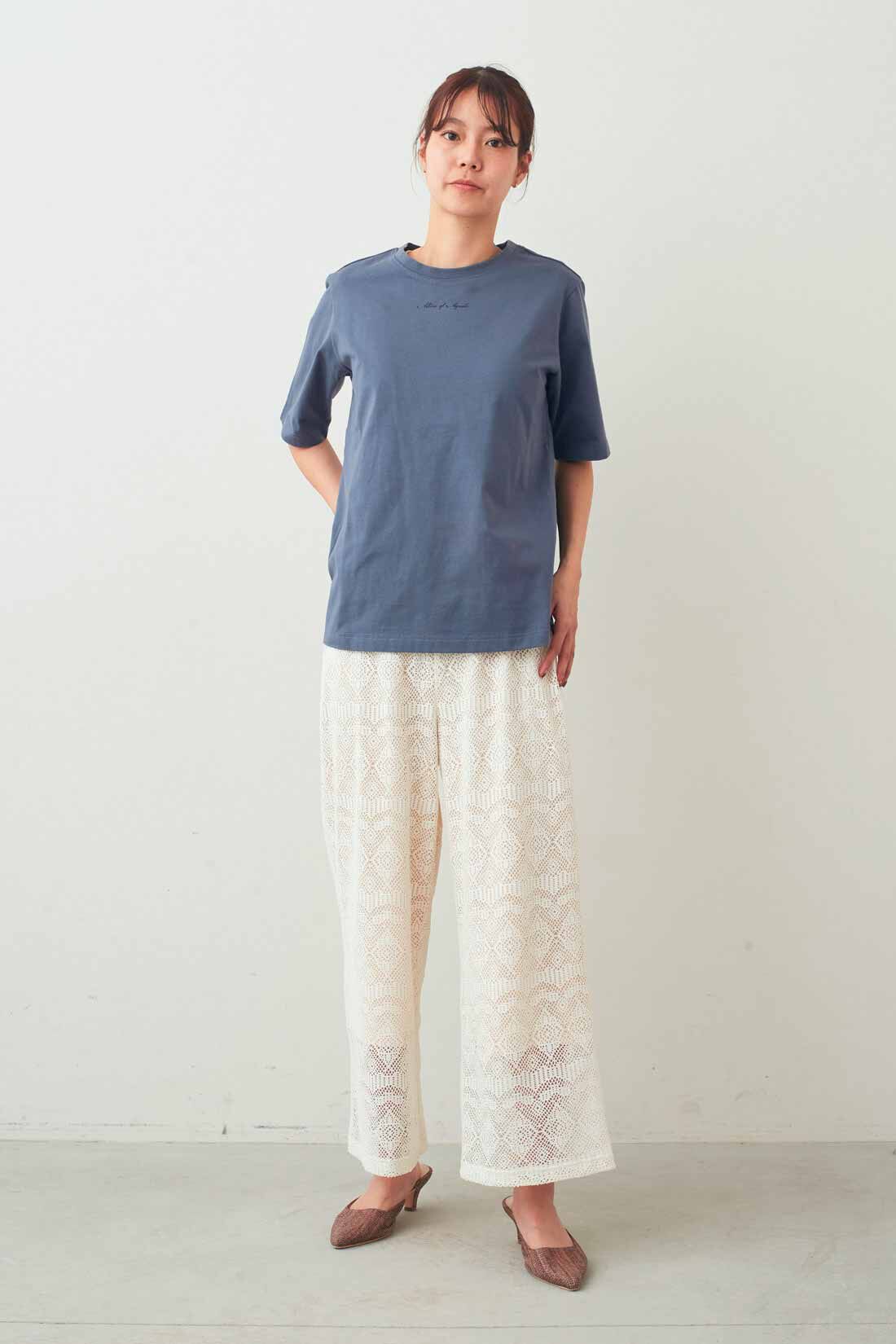 IEDIT|接触冷感 上品 ロゴTシャツ の会とカットソーレース らくちん 涼やか レースパンツ 〈ホワイト〉のコーディネート