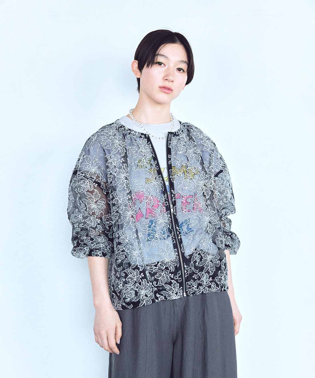 MEDE19F | オーガンジー刺繍シアーブルゾン〈ブラック&times;オフホワイト〉