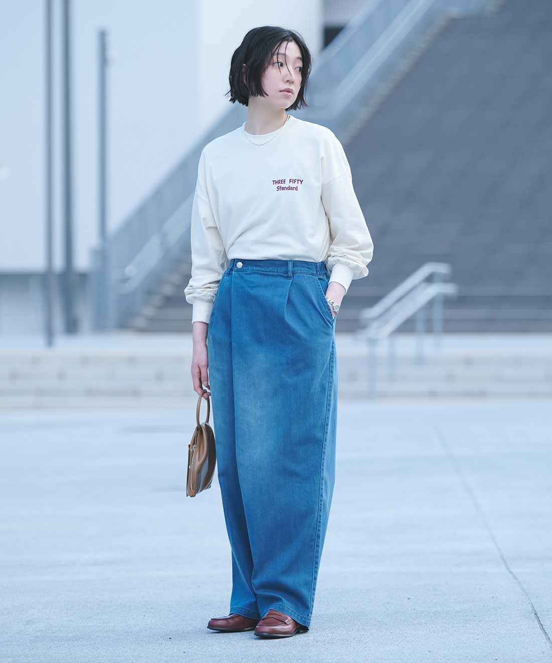 THREE FIFTY STANDARD|ラップ デニム ワイドパンツのコーディネート