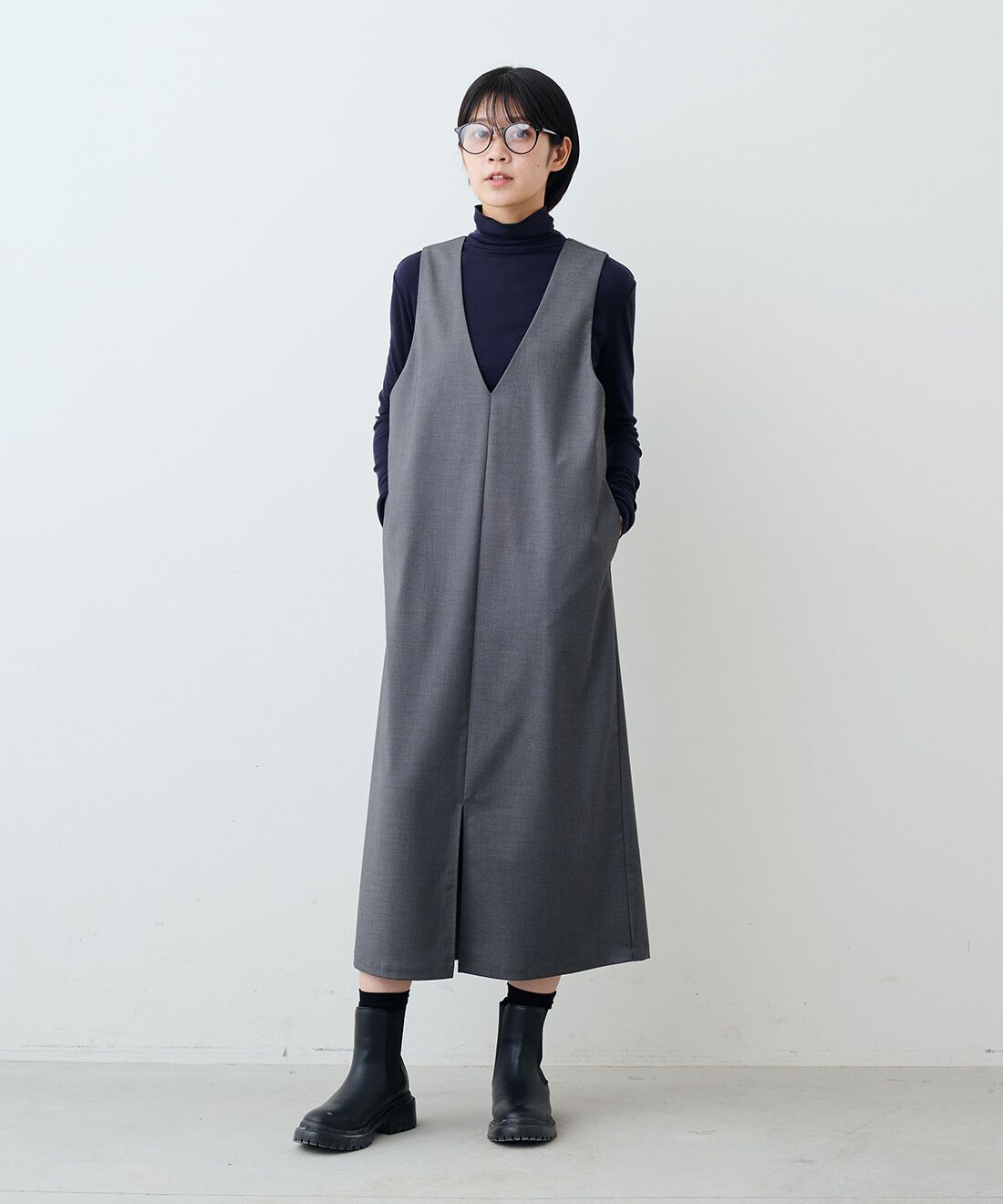 THREE FIFTY STANDARD|やさしい肌ざわりシルク混 カットソー タートルのコーディネート|モデル身長：163cm 着用サイズ：M