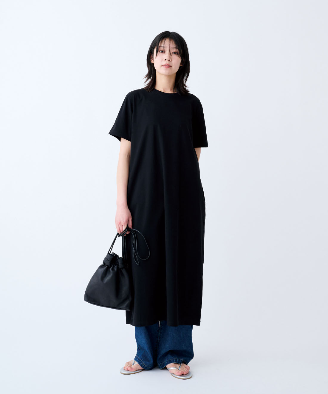 THREE FIFTY STANDARD|THREE FIFTY STANDARD　小谷実由さんと作ったタブリエ付きワンピース〈ブラック〉|モデル身長：163cm　着用サイズ：M