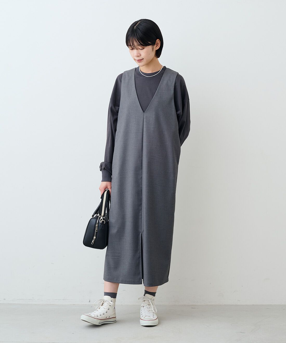 THREE FIFTY STANDARD|貝パールのバロック風ネックレス　のコーディネート|モデル身長：163cm 着用サイズ：M