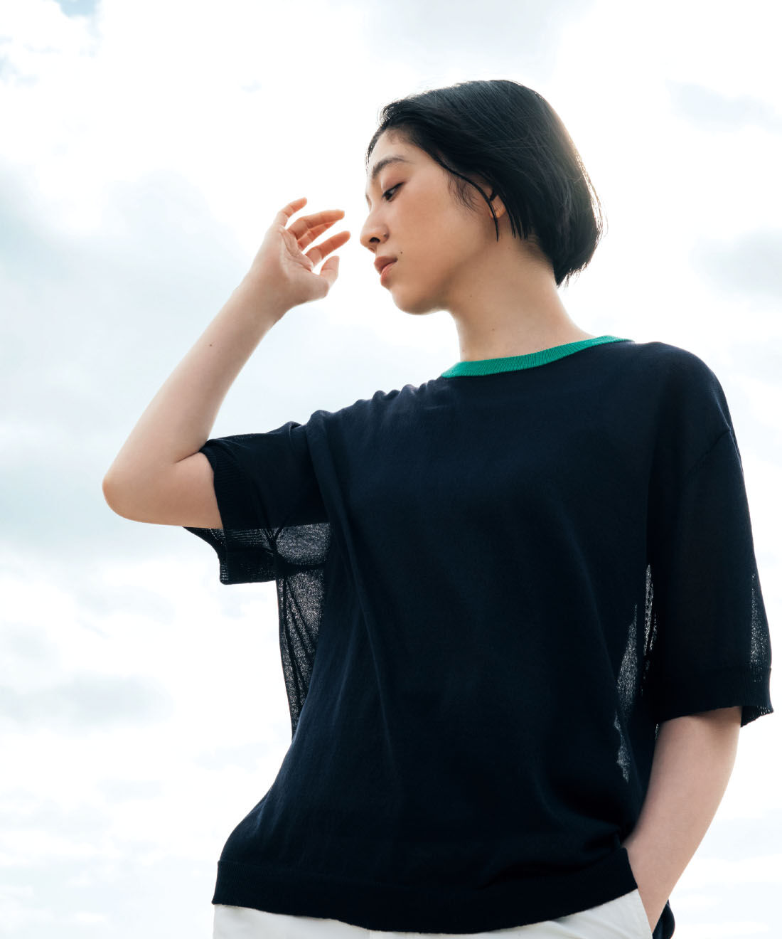 THREE FIFTY STANDARD | シアーな配色 ニットプルオーバー