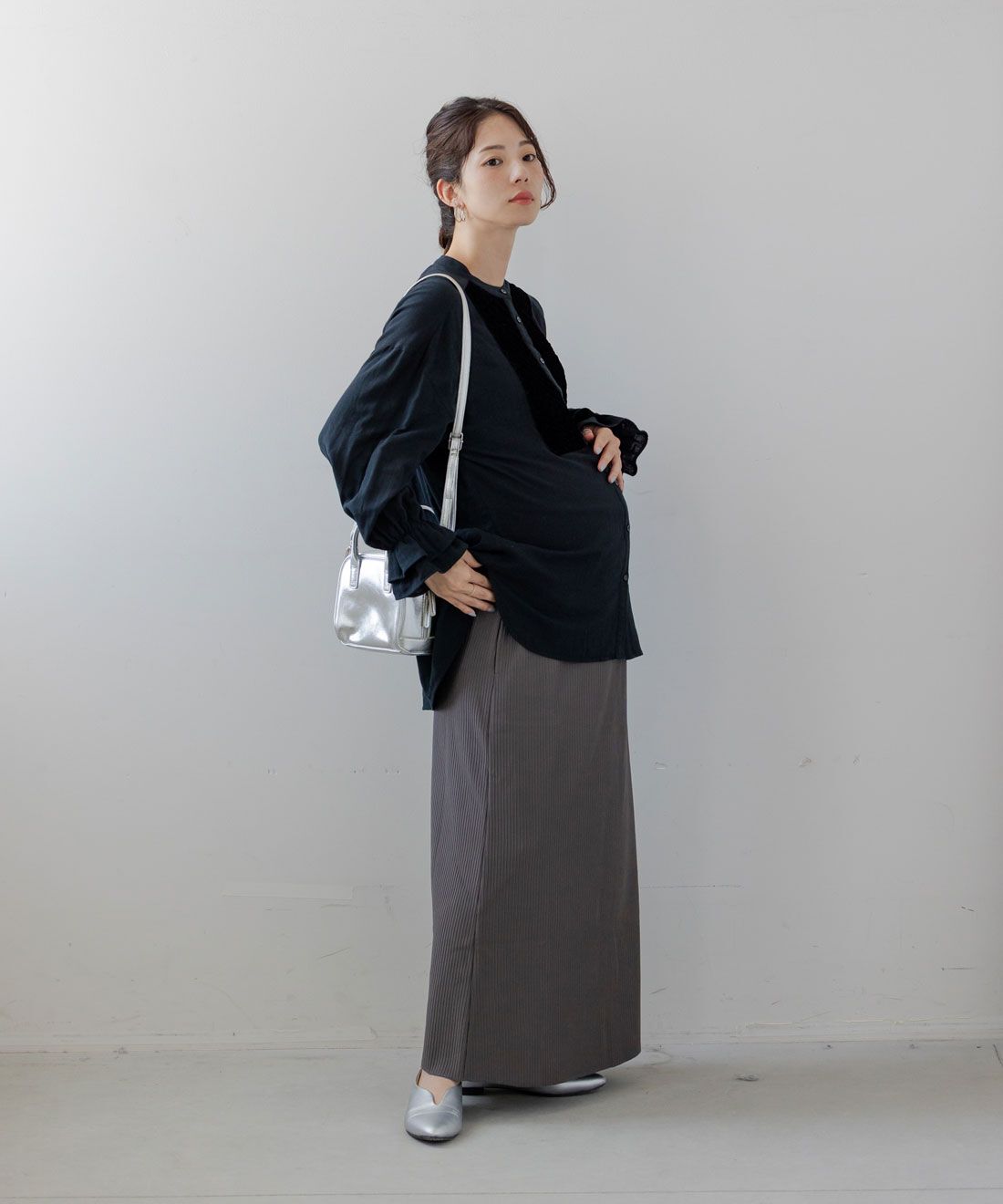フェリシモMama|Moredde　リップルカットソー素材がらくちんきれいな　産前産後使えるIラインスカート〈グレー〉