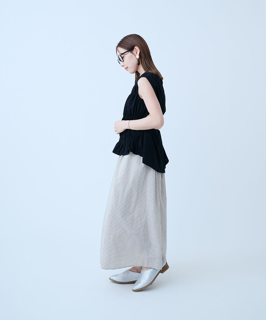 Live in  comfort|ストライプの切り替えギャザースカート〈オフホワイト〉のコーディネート