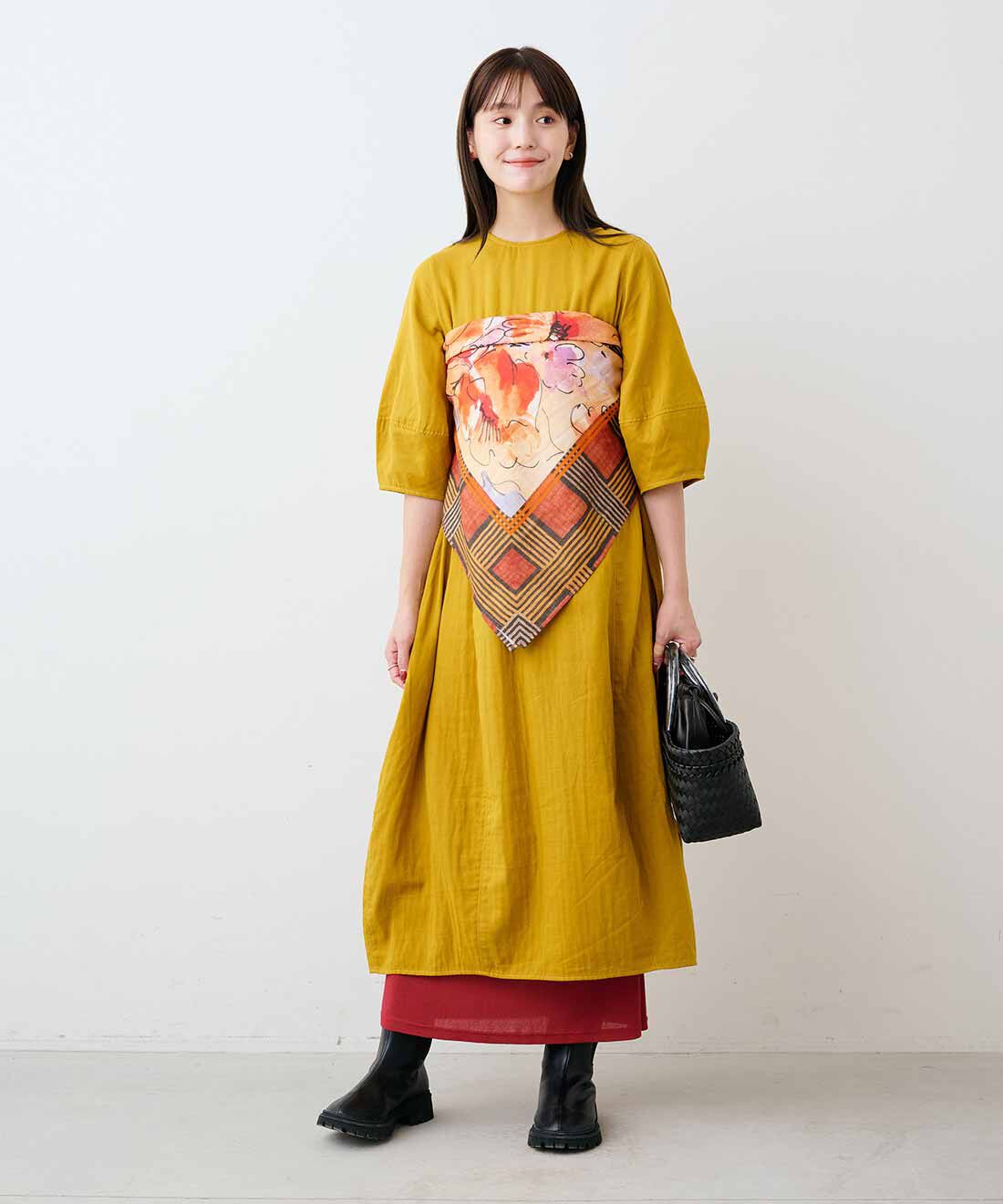 mensha!|ガーゼでドレスアップコクーンワンピ－ス〈トパーズイエロー〉とヴィンテージライクな 大判ダブルガーゼスカーフと〈ガーゼ〉カットソー レイヤードスカートのコーディネート