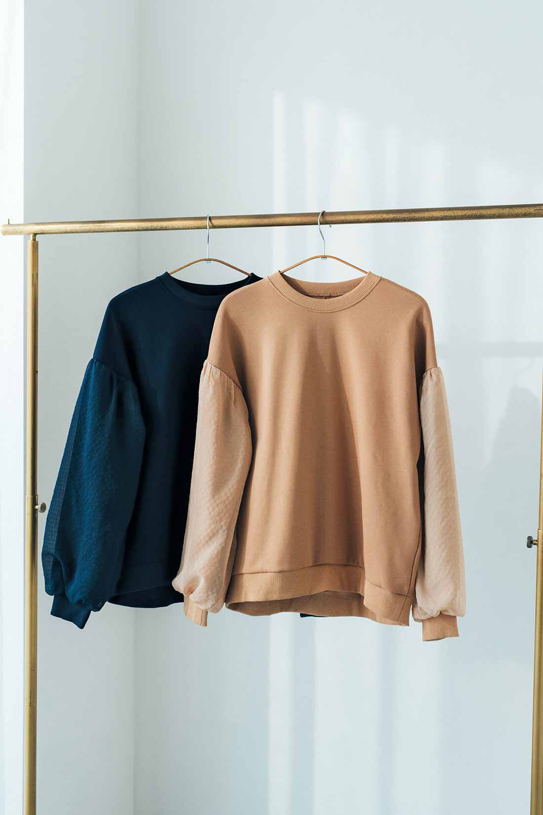 Live in  comfort|リブ イン コンフォート　品よく着映える 大人専用袖ふんわりシフォンスウェットトップス〈ベージュ〉