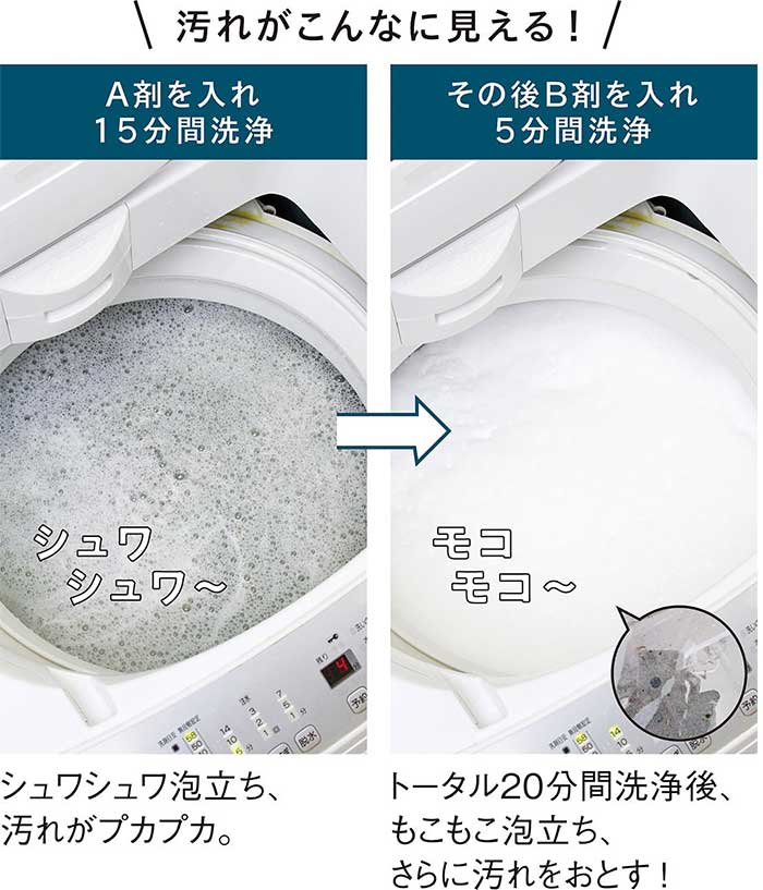 汚れがこんなに見える!A剤を入れて洗浄後にB剤で洗浄