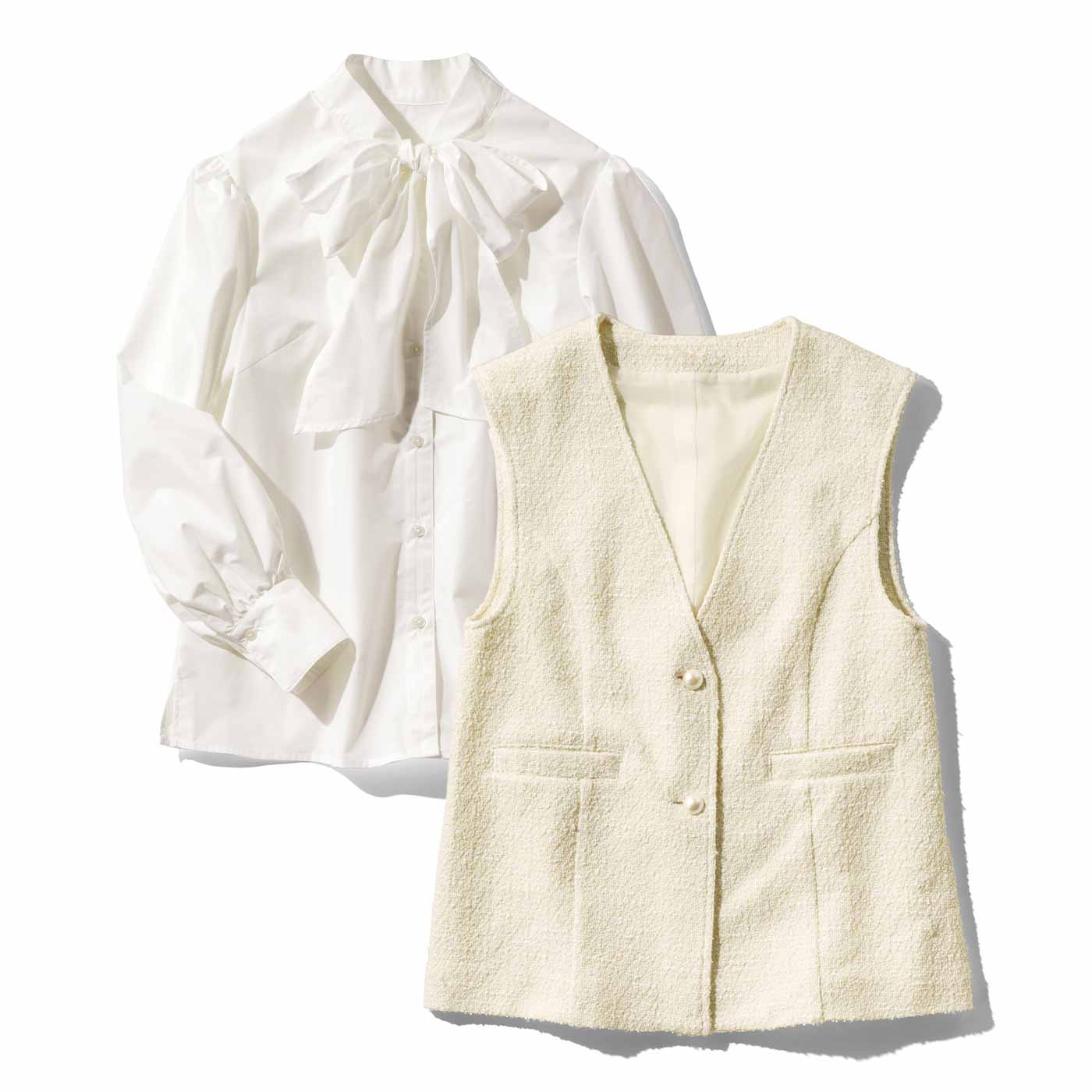 fashion special|華やかなツイード ジレとボウタイ ブラウス セット〈アイボリー〉